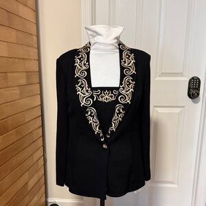 St. John Black Blazer with Gold Embroidered Shawl Collar